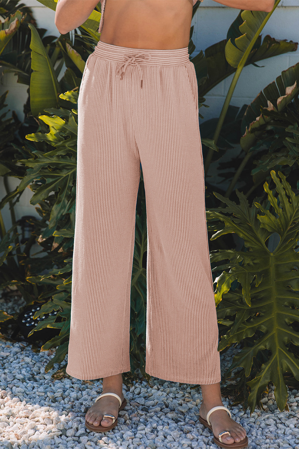 Smoke Gray Solid Corded Knit Short Sleeve T Shirt and Wide Leg Pants Set